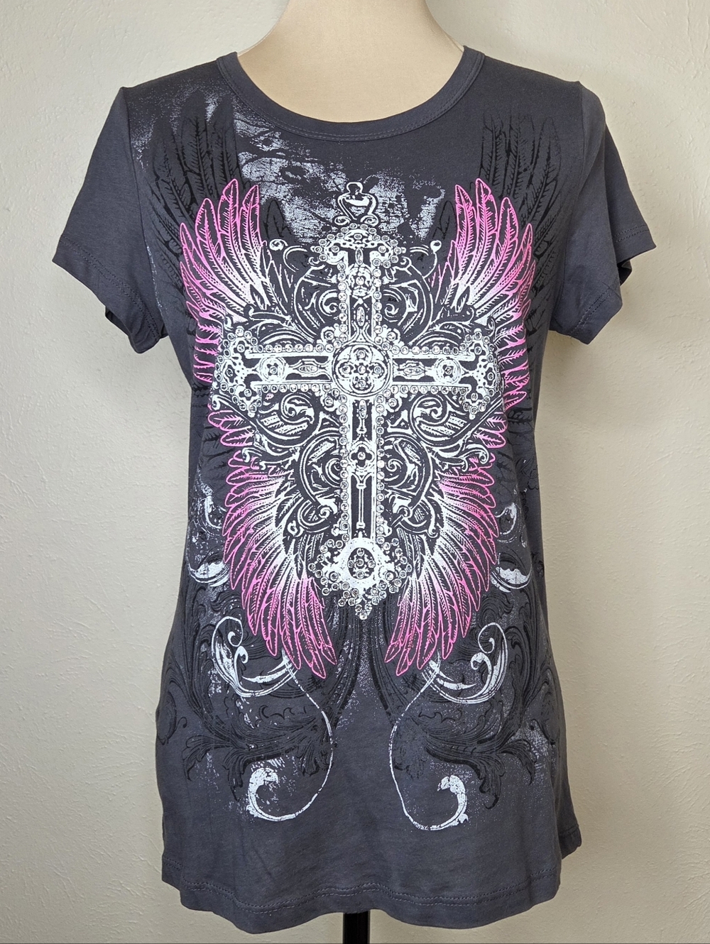 Y2K Gothic Cross Angel Wings Graphic Tee Pink Black Grunge Top